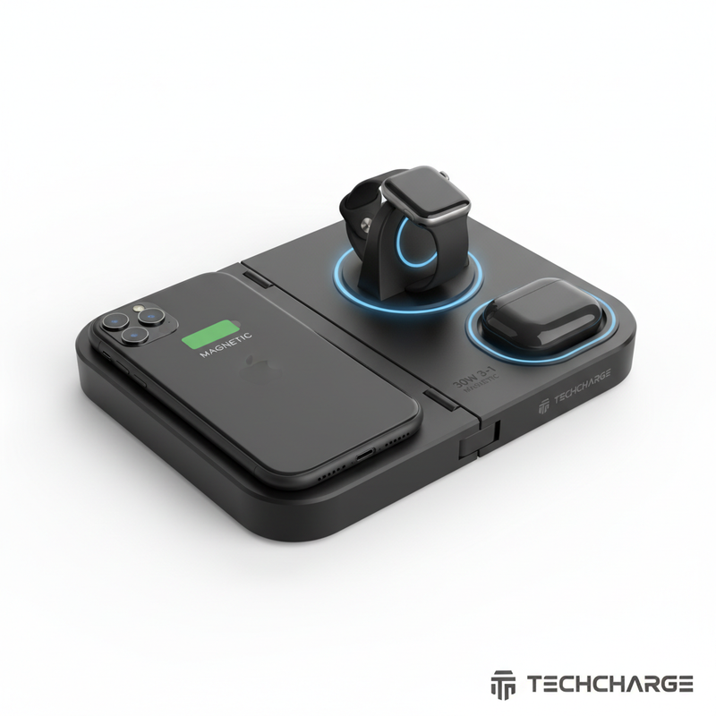 3 IN 1 Foldable Wireless Charger in black charging iPhone, Apple Watch, and AirPods