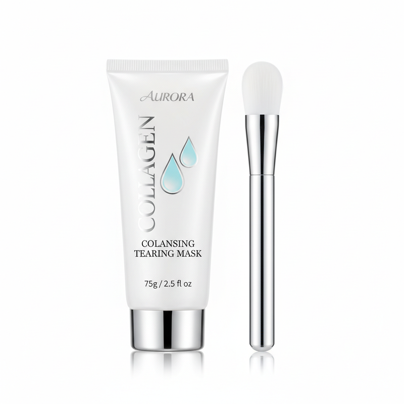 Collagen Cleansing Tearing Mask with brush applicator on white background